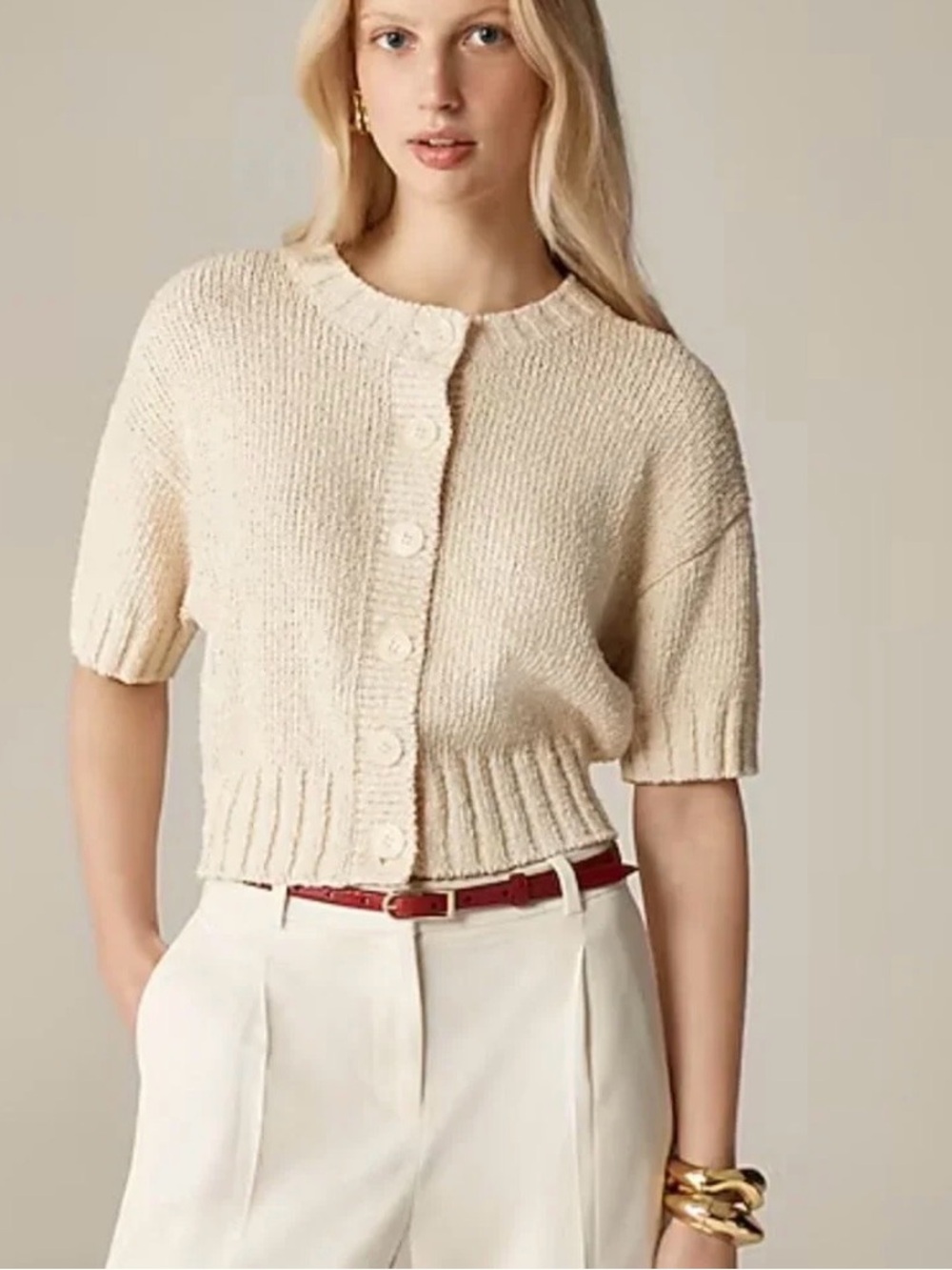 J. Crew Cream Short-Sleeve Button-Front Knit Cardigan Sweater